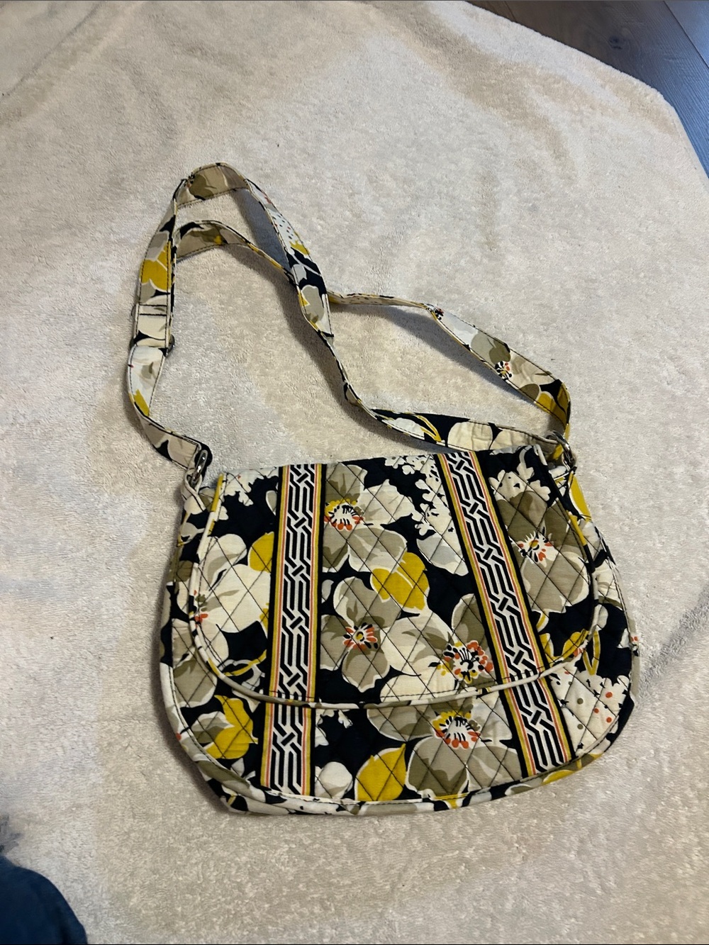 Vera Bradley Quilted Floral Crossbody in Black, Mustard & Cream